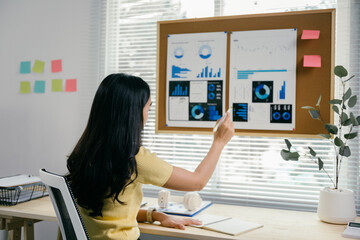 Wall Mural - Young asian businesswoman is pointing at a chart on a board and analyzing data while sitting at her desk in the office