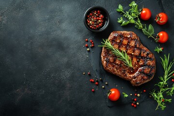 Aufkleber - Grilled steak with herbs, tomatoes, and spices ready for seasoning on rustic kitchen background. Generative AI