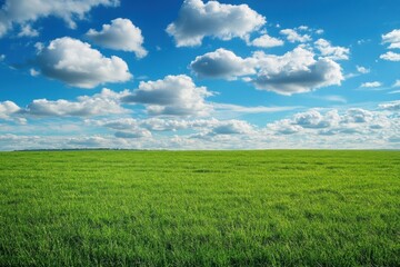 Poster - Expansive green field under a bright blue sky with fluffy clouds providing a serene outdoor landscape for text placement. Generative AI