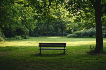 Poster - Peaceful park bench surrounded by greenery in a tranquil outdoor setting with ample space for personal reflection. Generative AI