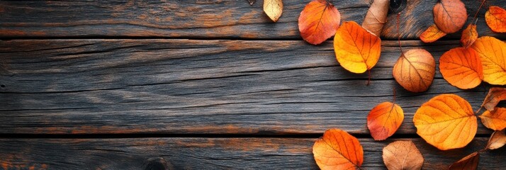 Poster - Vibrant autumn leaves scattered on a rustic wooden surface creating a warm, inviting atmosphere for text and ideas. Generative AI