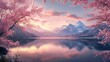 © heinng - Serene pink sunrise paints majestic mountains reflecting softly on calm lake waters. AI Generated