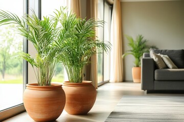 Poster - Two potted parlor palms in terracotta pots near a window