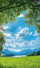Fototapete - Relaxing landscape with clear blue skies and mountains under bright sunlight in a serene valley setting. Generative AI