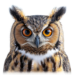 Wall Mural - Majestic owl perched with striking orange eyes and detailed feathers in a soft-light backdrop isolated on transparent background