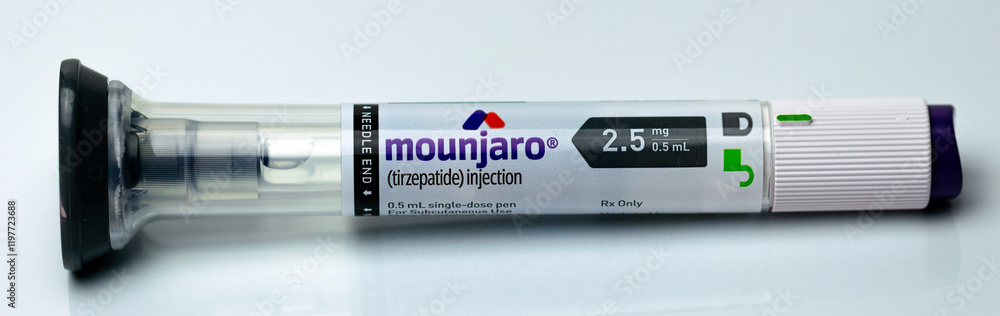 One Mounjaro Tirzepatide injection Pen on white background Stock Photo