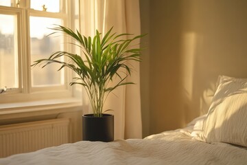 Poster - Palm Plant in Pot on Bed by Window