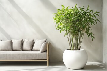 Poster - Modern Living Room Decor With Beige Sofa And Bamboo Plant