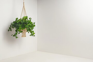 Wall Mural - Hanging Plant Pot with Lush Green Foliage in a Corner