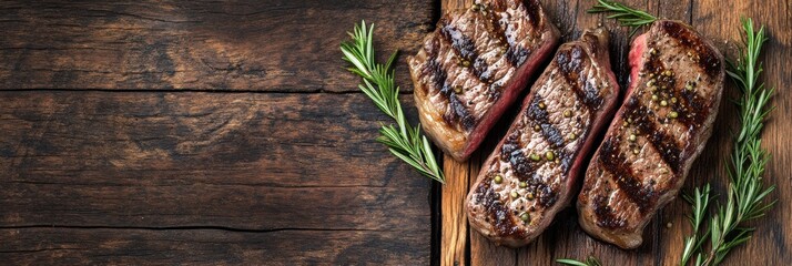 Aufkleber - Grilled steaks with fresh herbs on a rustic wooden surface suitable for culinary text placement. Generative AI