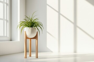 Wall Mural - White Potted Plant on Wooden Stand in Bright Room