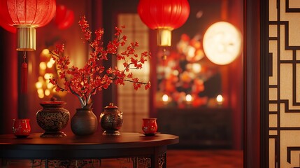 Canvas Print - Red lanterns, blossoms, and Asian-style decor on a dark wooden table in a warmly lit room.