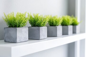 Wall Mural - Green plants in gray concrete pots on white shelf