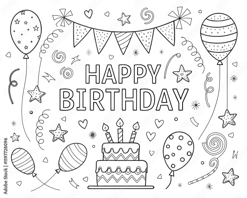 Happy Birthday letter Coloring Page with Balloons and Party Decorations ...