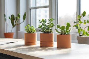 Wall Mural - Three Succulents in Terracotta Pots on a Wooden Table