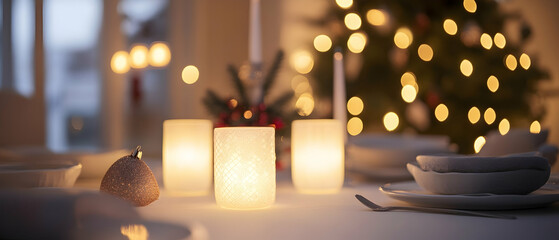 Wall Mural - Mesmerizing blurred Christmas tree lights on a crisp white tabletop creating a warm holiday atmosphere  -