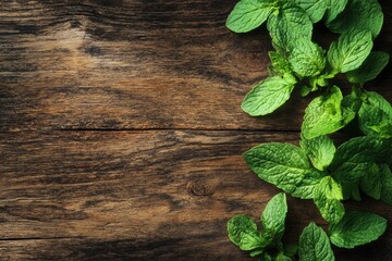 Poster - Fresh mint leaves on rustic wooden surface ready for culinary use and garnishing dishes with natural flavor. Generative AI