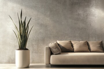 Wall Mural - Modern living room with beige sofa and snake plant