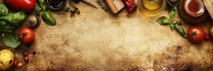 Aufkleber - Fresh ingredients and herbs create an inviting space for culinary creativity in a rustic kitchen setting. Generative AI