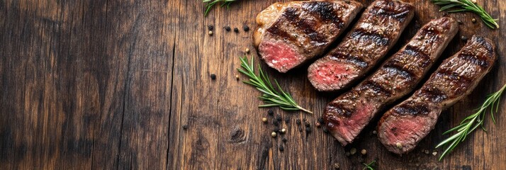 Aufkleber - Grilled steak cuts arranged on rustic wooden table with fresh herbs and spices for culinary inspiration. Generative AI