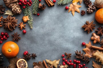 Poster - Festive arrangement of autumn ingredients and spices on a gray background with ample space for text or designs. Generative AI