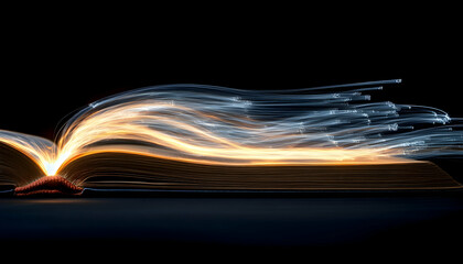 Wall Mural - open book with glowing light trails symbolizing speed reading and learning innovation -