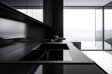 Wall Mural - Modern Black Kitchen With Mountain View