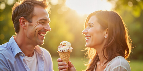 Wall Mural - Joyful couple sharing ice cream in cozy outdoor setting, emotional connection