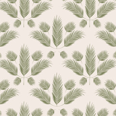 palm tree leaves seamless repeat pattern, hand drawn illustration tropical sage green palm leaf shap