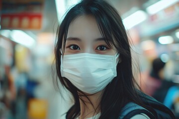 Close up of a young asian woman wearing a protective face mask in a public indoor area