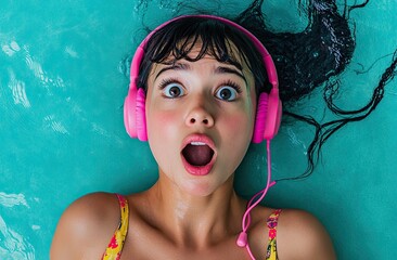 Wall Mural - a woman wearing pink headphones, looking up with an open mouth and a surprised expression on her face against a background of turquoise color.