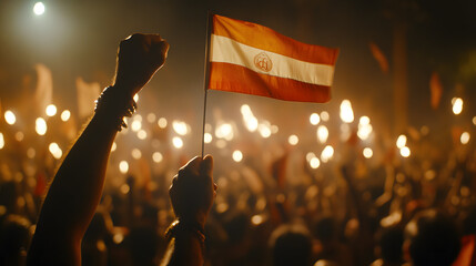 A person holds up an orange flag with a symbol in the center at a night rally or protest. The background is filled with blurred figures holding burning torches, creating a dramatic and powerful image.