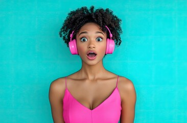 Wall Mural - a young woman wearing pink headphones, looking up with a surprised expression on a turquoise background