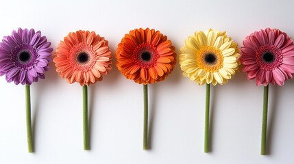 Wall Mural - Colorful gerbera daisies on white, flat lay, spring background, greeting card.