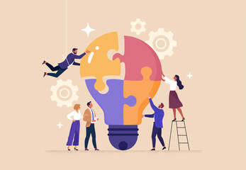 Fototapete - Business Brainstorm Concept. Contemporary flat style vector illustration of a group of diverse people in business suits putting together a light bulb puzzle. Isolated on background.