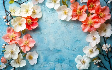 Peach and white flowers border on blue background.