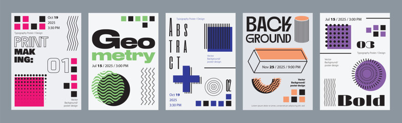 Aufkleber - Abstract cover typography template. Posters layouts with bright geometric composition with dynamic striped and lines squares, circles, shapes. Modern banners set in retro design. Vector illustration.