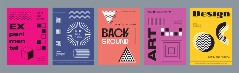 Aufkleber - Abstract cover typography template. Posters layouts with vibrant minimal compositions with cube, cylinder, triangle, circle, simple shapes. Modern banners set in retro design. Vector illustration.