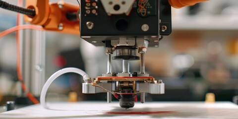 A close-up of a 3D printer's nozzle preparing to print on a flat surface.