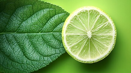 Sticker - Fresh lime slice next to vibrant green leaf on bright surface