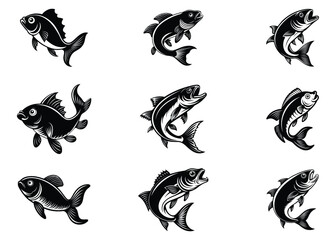 Canvas Print - Fish black and white silhouette vector illustration