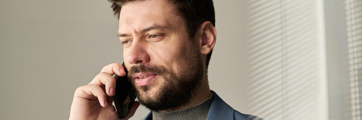 Poster - Header of confident manager with smartphone by ear speaking to colleague while organizing work in front of camera in office