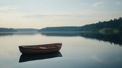  Serene sunrise over calm lake with small wooden rowboat.