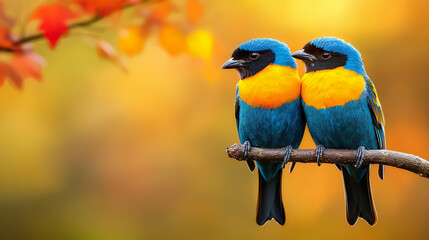 Two vibrant blue and yellow birds perched on a branch, surrounded by a stunning backdrop of autumn leaves, showcasing the beauty of nature and wildlife.