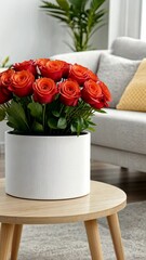 Wall Mural - A bouquet of vibrant red roses is beautifully arranged in a sleek white planter, adding elegance to a well-furnished living room with natural light and soft furnishings