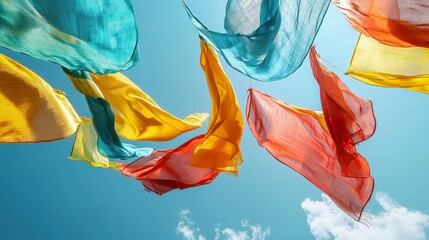 A dynamic shot of colorful prayer flags fluttering in the wind, set against a backdrop of a clear blue sky.