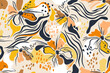 © Liubov - Contemporary seamless pattern in collage style. Abstract flowers, zebra stripes, organic shapes in yellow, orange, beige, black. Printing on textiles, background, wrapping paper, wallpaper.
