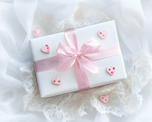 Valentine's Day themed gift box with a pink ribbon and small love hearts, surrounded by delicate lace, isolated on white background