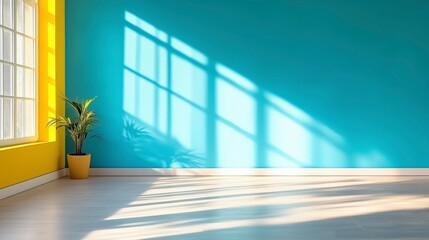 Poster - A large window in a room with a blue wall and a yellow wall. A potted plant is sitting in front of the window