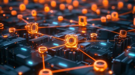 Wall Mural - digital network connection with neon effects on circuit board